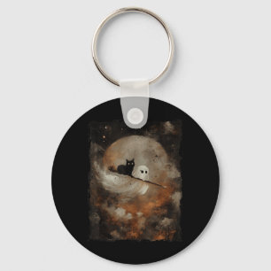 Cute Ghost Black Cat Riding Broomstick Halloween Key Ring