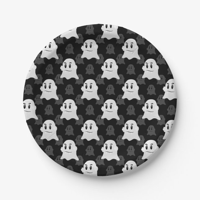 Cute Ghost Blob Black White Print Design Pattern Paper Plate (Front)