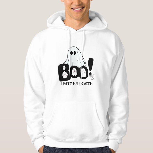 Cute Ghost Boo and Happy Halloween Cartoon Design Hoodie (Front)