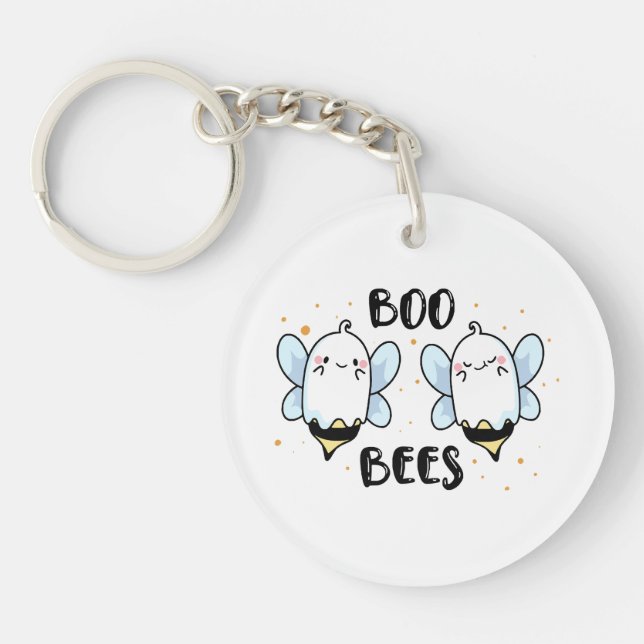Cute Ghost Boo Bees - Funny Halloween on white Key Ring (Front)