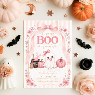 Cute Ghost Boo Is Almost Due Pink Baby Shower Invitation