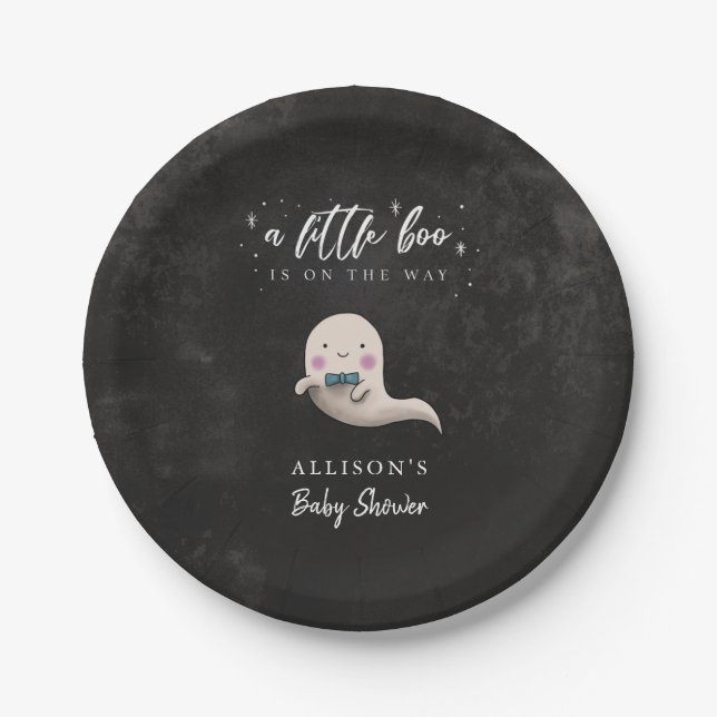 Cute Ghost Bow Tie Little Boo Baby Shower Paper Plate (Front)