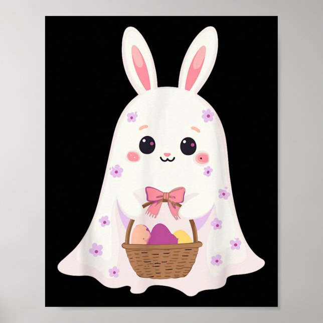 Cute Ghost Bunny Egg Basket Rabbit Easter Day Rabb Poster (Front)