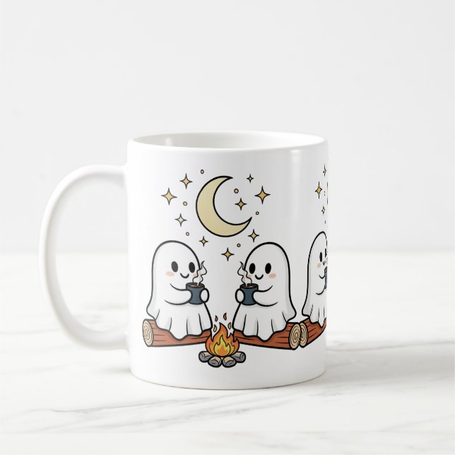Cute Ghost Campfire Moon Spooky Season Mug (Left)