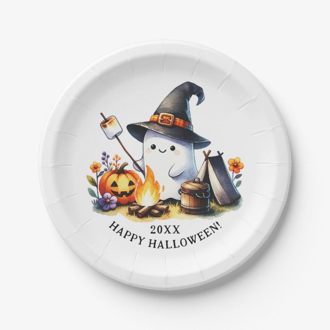 Cute Ghost Camping Happy Halloween Paper Plate (Front)