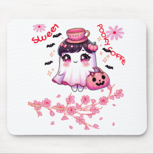 Cute Ghost Carrying Coffee Sweet Spooky Coffee Mouse Mat