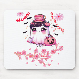 Cute Ghost Carrying Coffee | Sweet Spooky Coffee Mouse Mat