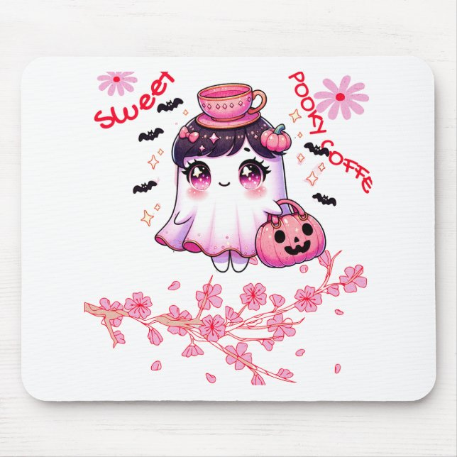 Cute Ghost Carrying Coffee | Sweet Spooky Coffee Mouse Mat (Front)