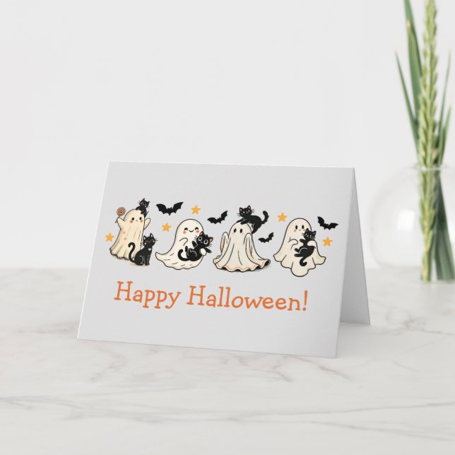 Cute Ghost & Cat Halloween Greeting Card (Front)