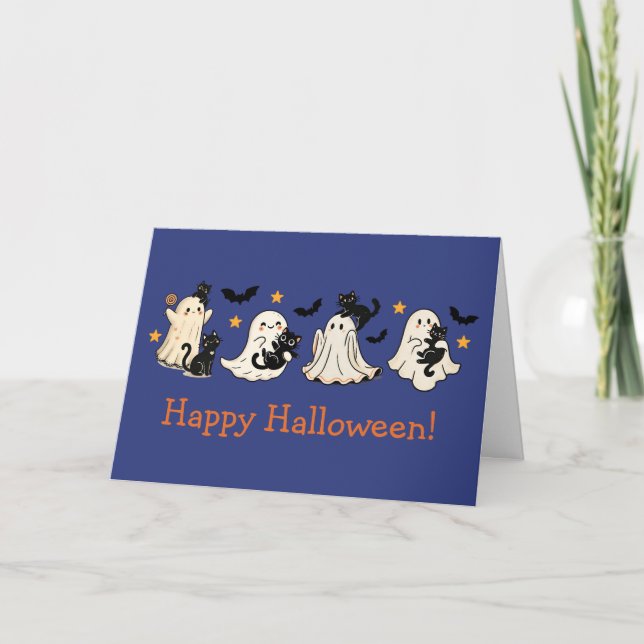 Cute Ghost & Cat Halloween Greeting Card (Front)