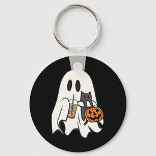 Cute Ghost Cat Iced Coffee Spooky Season Halloween Key Ring