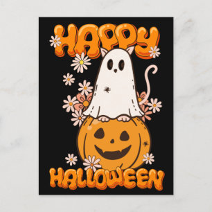 Cute Ghost Cat Pumpkin Flowers Happy Halloween Postcard