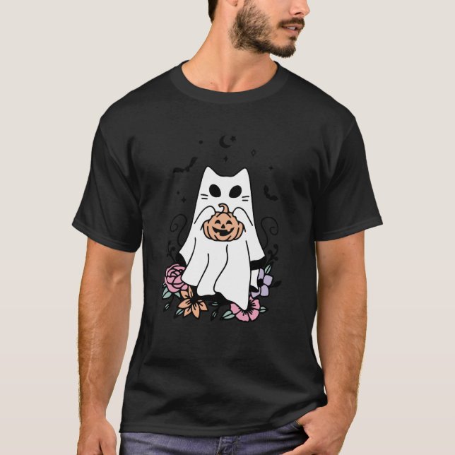Cute Ghost Cat Pumpkin Halloween Costume Men Women T-Shirt (Front)