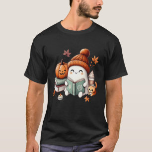 Cute Ghost Cat Reading Book Lovers Halloween Women T-Shirt