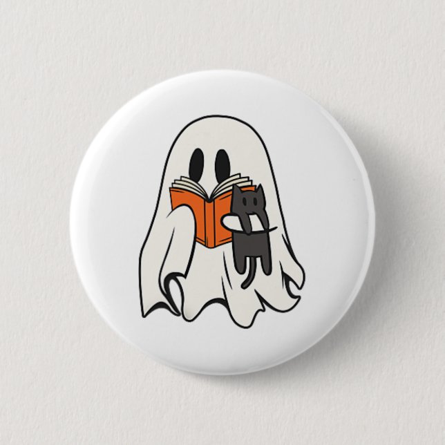 Cute Ghost Cat Reading Book Spooky Season Hallowee 6 Cm Round Badge (Front)