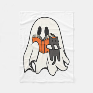 Cute Ghost Cat Reading Book Spooky Season Hallowee Fleece Blanket