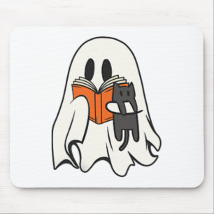 Cute Ghost Cat Reading Book Spooky Season Hallowee Mouse Mat
