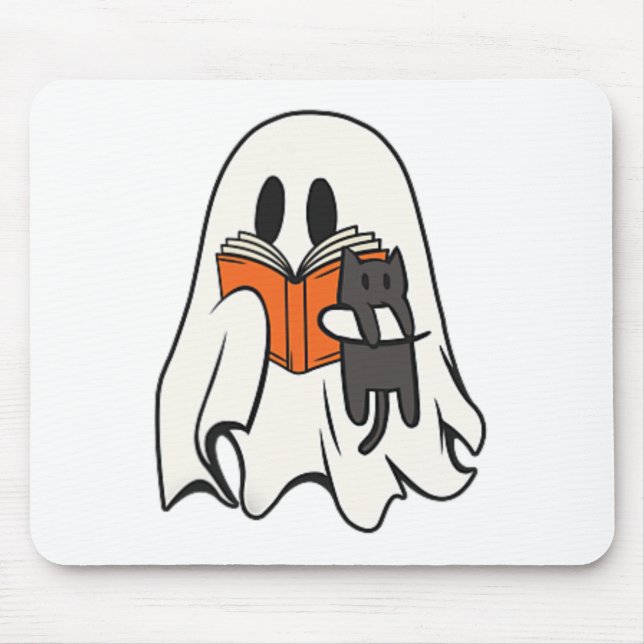 Cute Ghost Cat Reading Book Spooky Season Hallowee Mouse Mat (Front)