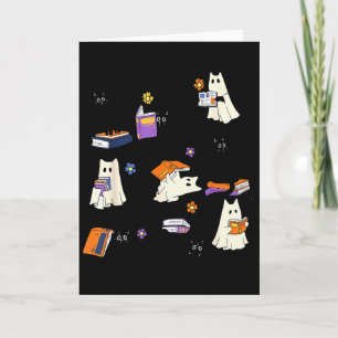 Cute Ghost Cat Reading Books Lover Bookish Hallowe Card