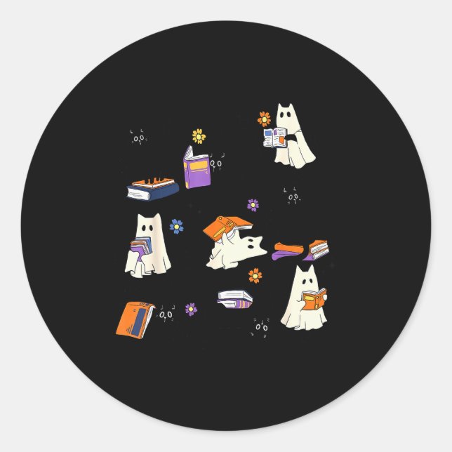 Cute Ghost Cat Reading Books Lover Bookish Hallowe Classic Round Sticker (Front)