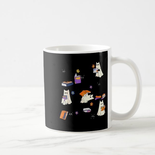 Cute Ghost Cat Reading Books Lover Bookish Hallowe Coffee Mug (Right)