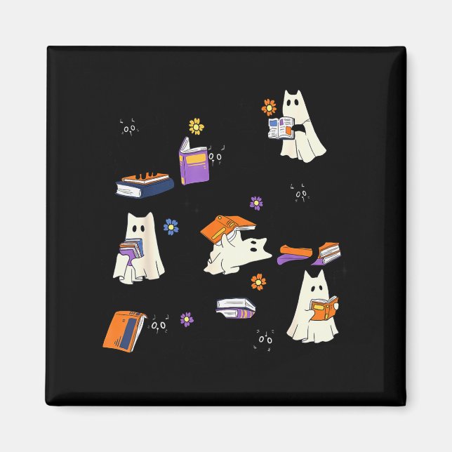 Cute Ghost Cat Reading Books Lover Bookish Hallowe Magnet (Front)