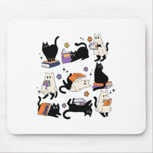 Cute Ghost Cat Reading Books Lover Bookish Hallowe Mouse Mat