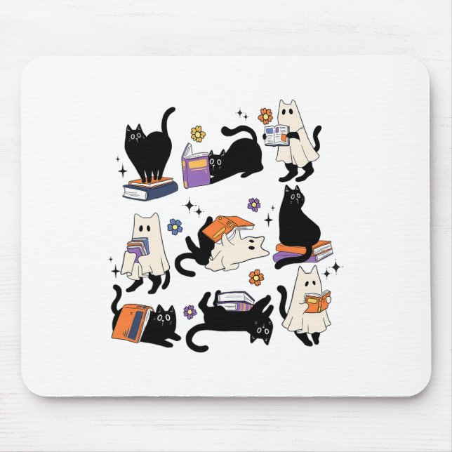 Cute Ghost Cat Reading Books Lover Bookish Hallowe Mouse Mat (Front)
