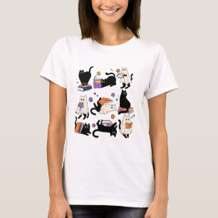 Cute Ghost Cat Reading Books Lover Bookish Hallowe T-Shirt