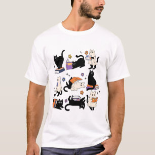 Cute Ghost Cat Reading Books Lover Bookish Hallowe T-Shirt