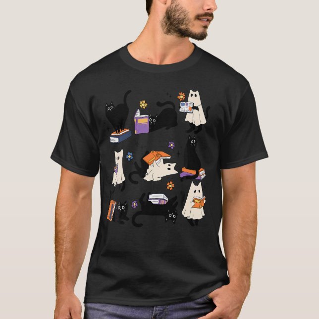 Cute Ghost Cat Reading Books Lover Bookish Hallowe T-Shirt (Front)
