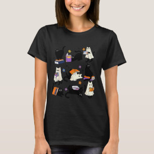 Cute Ghost Cat Reading Books Lover Bookish Hallowe T-Shirt
