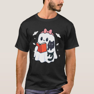 Cute Ghost Cat Reading Books Lover Spooky Bookish T-Shirt
