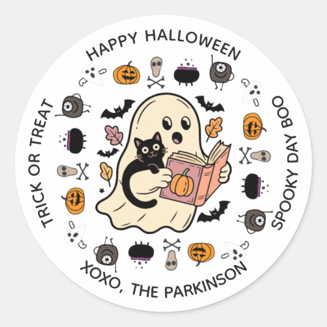 Cute Ghost & Cat Round Sticker – Halloween Reading (Front)