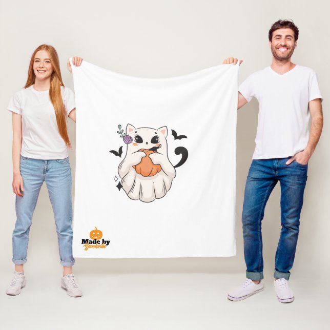 Cute Ghost Cat with Pumpkin | Spooky Halloween  Fleece Blanket (In Situ)