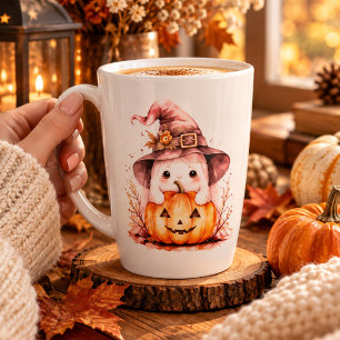 Cute Ghost Cat with Pumpkin Spooky Halloween Mug