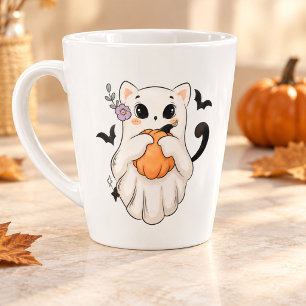 Cute Ghost Cat with Pumpkin   Spooky Halloween Mug