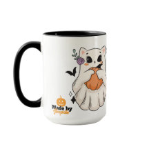 Cute Ghost Cat with Pumpkin | Spooky Halloween Mug