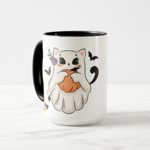 Cute Ghost Cat with Pumpkin   Spooky Halloween Mug