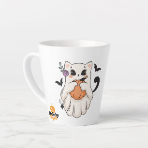 Cute Ghost Cat with Pumpkin   Spooky Halloween Mug