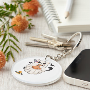 Cute Ghost Cat with Pumpkin Spooky Halloween Mug Key Ring