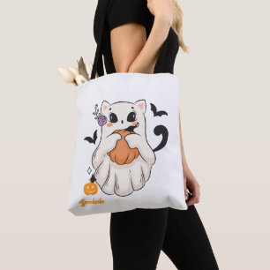 Cute Ghost Cat with Pumpkin Spooky Halloween Tote Bag