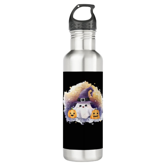 Cute Ghost Cat with Pumpkins – Kawaii Halloween Ar 710 Ml Water Bottle (Front)