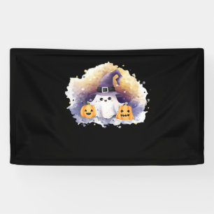 Cute Ghost Cat with Pumpkins – Kawaii Halloween Ar Banner