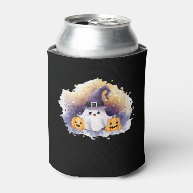 Cute Ghost Cat with Pumpkins � Kawaii Halloween Ar Can Cooler (Can Front)
