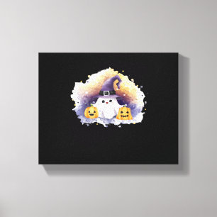 Cute Ghost Cat with Pumpkins – Kawaii Halloween Ar Canvas Print