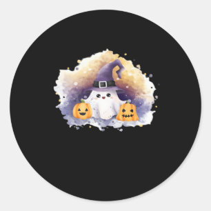 Cute Ghost Cat with Pumpkins � Kawaii Halloween Ar Classic Round Sticker