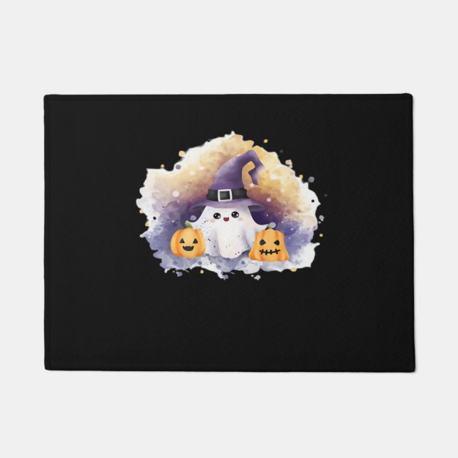 Cute Ghost Cat with Pumpkins – Kawaii Halloween Ar Doormat (Front)