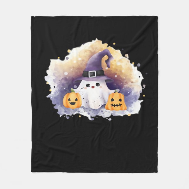 Cute Ghost Cat with Pumpkins – Kawaii Halloween Ar Fleece Blanket (Front)