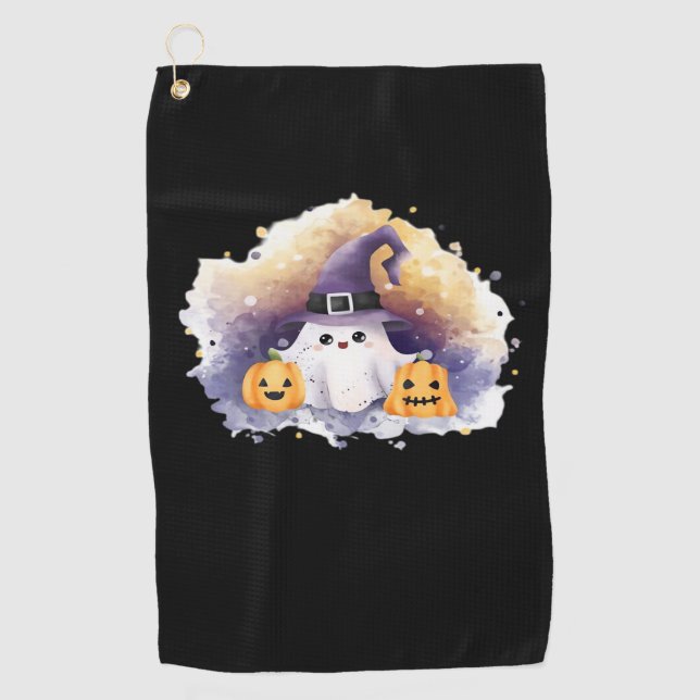 Cute Ghost Cat with Pumpkins – Kawaii Halloween Ar Golf Towel (Front)
